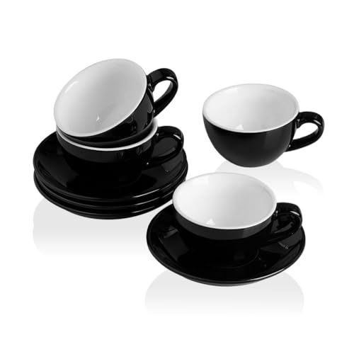 Sweejar Home Keramik Cappuccino Tassen Set, 120 ml Espressotassen, Porzellan Tasse & Untertasse Set, Teetassen Set für spezielle Kaffee-Getränke, Latte, Americano, 4er-Set (schwarz) von Sweejar Home