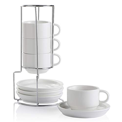 Sweejar Home Porzellan Cappuccino Tassen mit Untertassen und Metallständer, stapelbare Espressotassen für spezielle Kaffeegetränke, Latte, Americano, Tee mit Set von 4 (weiß, 120ml) von Sweejar Home