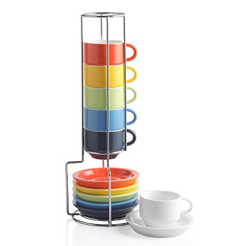 Sweejar Home Porzellan-Espresso-Tassen und Untertasse, stapelbar, mit Metallständer, 70 ml für Latte, Kaffee, Café, Mokka, Tee, 6 Stück mehrfarbig von Sweejar Home