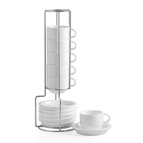 Sweejar Home Porzellan-Espresso-Tassen und Untertasse, stapelbar, mit Metallständer, 70 ml für Latte, Kaffee, Café, Mokka, Tee, 6 Stück weiß von Sweejar Home