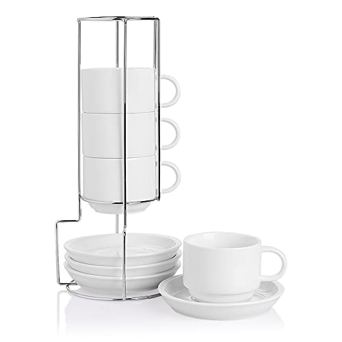 Sweejar Home Porzellan Espressotassen mit Untertassen, 230 ml stapelbare Cappuccinotassen mit Metallständer für Kaffeegetränke, Latte, Tee - 4er Set (Weiß) von Sweejar Home