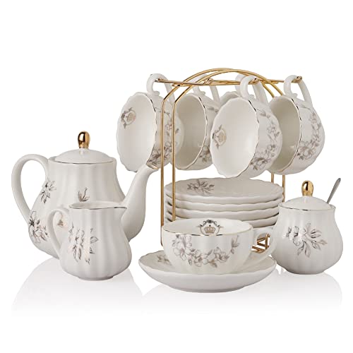 Sweejar Home 22 Stück Europäischen Stil Tee Service, Teetasse und Untertasse Set, Keramik Kaffeeset, Tee-Set Royal Family aus Porzellan, für 6 Personen, 225 ml-Tassen, Morgenglorreich von Sweejar Home