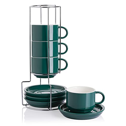 SWEEJAR Cappuccino-Tassen aus Porzellan mit Untertassen und Metallständer, stapelbare Espressotassen für Kaffeespezialitätsgetränke, Latte, Americano, Tee, 4er-Set (Jade) von Sweejar