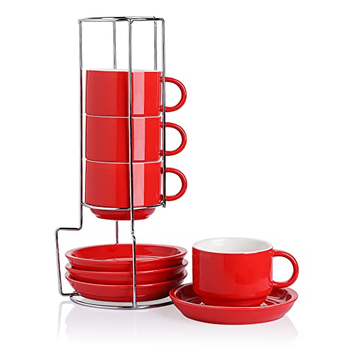 SWEEJAR Cappuccinotassen aus Porzellan mit Untertassen und Metallständer, 237 ml, stapelbare Espressotassen für spezielle Kaffeegetränke, Latte, Americano, Tee, 4er-Set (rot) von Sweejar