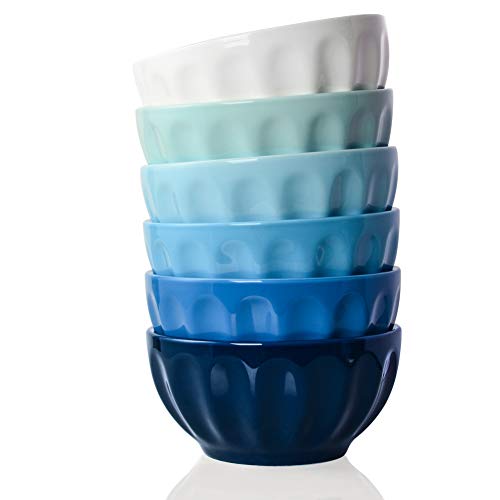 SWEEJAR Keramik-Schüssel-Set, geriffelt, 750 ml, für Müsli, Salat, Nudeln, Suppe, spülmaschinenfest, mikrowellengeeignet, 6 Stück (blau) von Sweejar