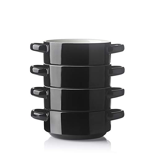 SWEEJAR Keramik-Suppenschüssel mit Doppelgriffen, stapelbare Schalen für französische Zwiebelsuppe, Müsli, Eintopf, Chill, Nudeln, 4er-Set (schwarz) von Sweejar