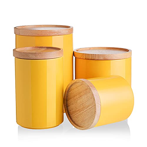 SWEEJAR Küchenbehälter, Keramik-Vorratsdosen-Set, stapelbare Behälter mit luftdichtem Verschluss, Holzdeckel zum Servieren von gemahlenem Kaffee, Tee, Kräutern, Zucker, Salz und mehr – 4 Stück (gelb) von Sweejar