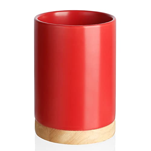 SWEEJAR Küchenutensilienhalter mit Holzboden, 17 cm, Keramik-Utensilienhalter für Küchenutensilien, zum Kochen, für die Theke, Einweihung, Hochzeit, Geburtstagsgeschenk (rot) von Sweejar