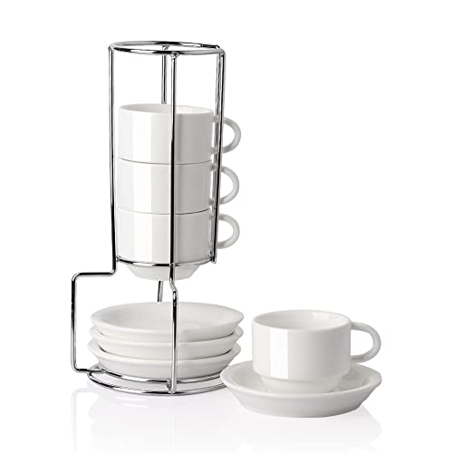 SWEEJAR Porzellan-Espressotassen mit Untertassen, stapelbare Cappuccino-Tassen mit Metallständer für Kaffeegetränke, Latte, Tee, 4 Stück (weiß) von Sweejar