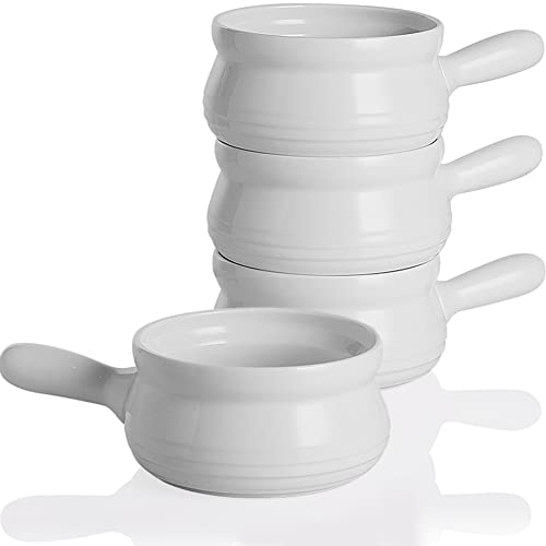 SWEEJAR Porzellan-Suppenschalen mit Griff, 680 ml, Keramik-Serviertopf für französische Zwiebelsuppe, Kürbissuppe, Haferflocken, Eintopf, spülmaschinen- und mikrowellengeeignet, 4er-Set (weiß) von Sweejar