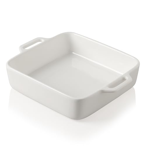 Sweejar 20,3 x 20,3 cm große Keramik-Kasserolle für Ofen mit Doppelgriffen, quadratische Kuchenbackform für Brownie, Lasagne, Aufläufe, Familienessen (weiß) von Sweejar