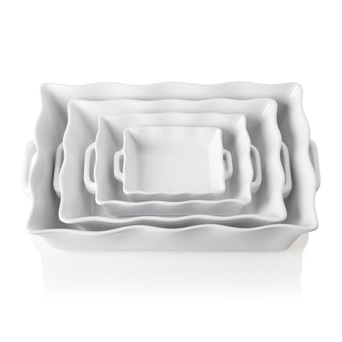 Sweejar Auflaufformen für den Ofen, Keramik-Backformen, rechteckig, mit Griffen, Wellenrand, Lasagne-Pfanne, tief zum Kochen, Kuchen, Abendessen, Bankett und den täglichen Gebrauch (weiß), 4 Stück von Sweejar