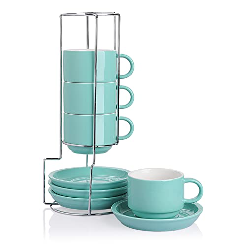 Sweejar Cappuccinotassen aus Porzellan mit Untertassen und Metallständer, stapelbare Espressotassen für spezielle Kaffeegetränke, Latte, Americano, Tee, 237 ml, Türkis, 4 Stück von Sweejar