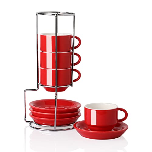 Sweejar Espressotassen aus Porzellan mit Untertassen, 70 ml, stapelbare Cappuccino-Tassen mit Metallständer für Kaffee-Getränke, Latte, Tee, 4er-Set (rot) von Sweejar