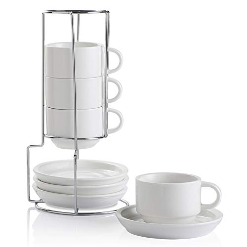 Sweejar Espressotassen aus Porzellan mit Untertassen, stapelbare Cappuccinotassen mit Metallständer für Kaffeegetränke, Latte, Tee, 4 Stück (weiß) von Sweejar