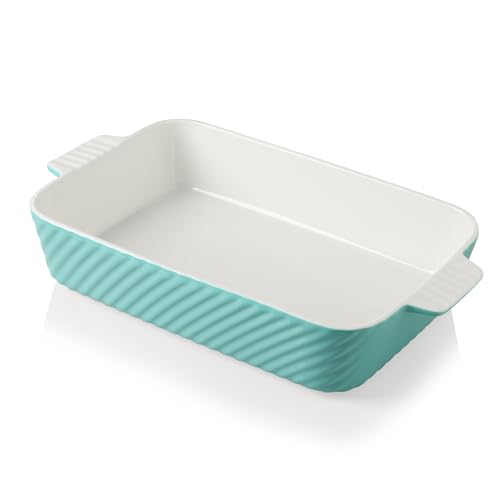 Sweejar Keramik-Backform, 33 x 22,9 cm, für Brownie, Porzellan, gestreift, Auflaufformen für Ofen mit Griff für Lasagne, Familienessen (türkis) von Sweejar