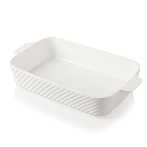 Sweejar Keramik-Backform, 33 x 22,9 cm, für Brownie, Porzellan, gestreift, Auflaufformen für Ofen mit Griff für Lasagne, Familienessen (weiß) von Sweejar