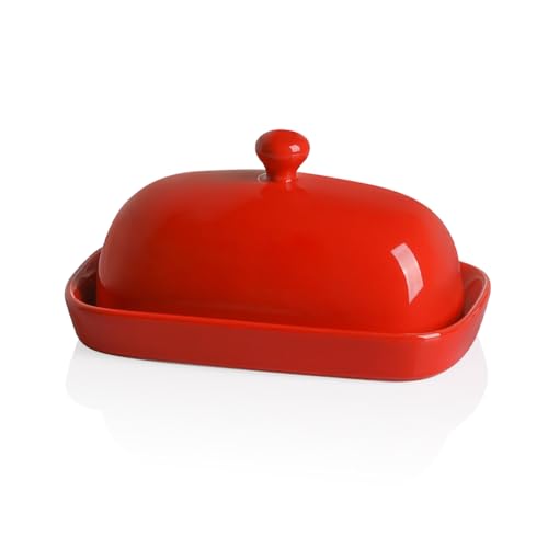 Sweejar Keramik-Butterdose mit Deckel für Arbeitsplatte, Porzellan-Butterbehälter mit Knauf, Butterbehälter für Ost-/Westküsten-Butter, 18 x 9,4 cm, Rot von Sweejar