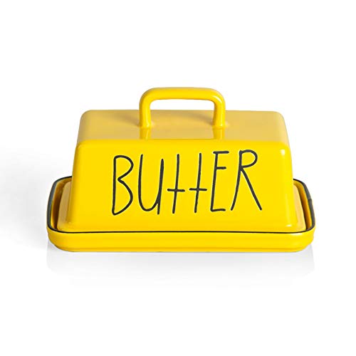 Sweejar Keramik-Butterdose mit Griffdeckel, 18 cm, Porzellan, großer Butterbehälter mit Deckel, perfekt für Ost-/West-Butter (gelb) von Sweejar
