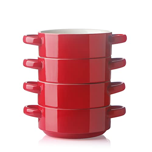 Sweejar Keramik-Suppenschalen mit Doppelgriffen, 590 ml, gestapelte Schalen für französische Zwiebelsuppe, Müsli, Topfkuchen, Eintopf, Chill, Nudeln, 4 Stück (rot) von Sweejar