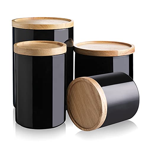 Sweejar Kitchen Canisters Ceramic Food Storage Jar Set, Stackable Containers with Airtight Seal Wooden Lid for Serving Ground Coffee, Tea, Herbs, Grains, Sugar, Salt - Set of 4 (Black) von Sweejar