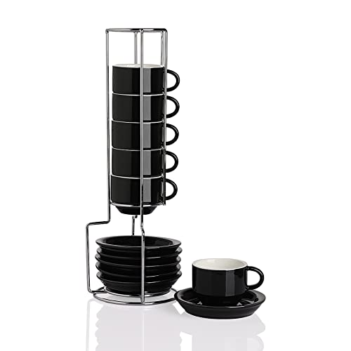 Sweejar Porzellan-Espressotasse und Untertasse, stapelbare Demitasse-Tassen mit Metallständer, 70 ml für Latte, Kaffee, Café, Mokka, Tee, 6er-Set (schwarz) von Sweejar