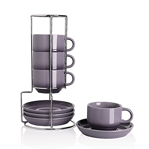 Sweejar Porzellan Espressotassen mit Untertassen, 4 oz stapelbare Cappuccinotassen mit Metallständer für Kaffeegetränke, Latte, Tee - 4er Set (Farbverlauf Lila) von Sweejar