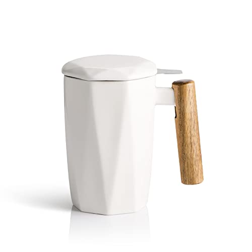 Sweejar Porzellan-Teetasse mit Ei und Deckel, Holzgriff, 500 ml, geometrische Form, Teetasse zum Ziehen, Teeliebhaber, Geschenk, Zuhause, Büro (weiß) von Sweejar