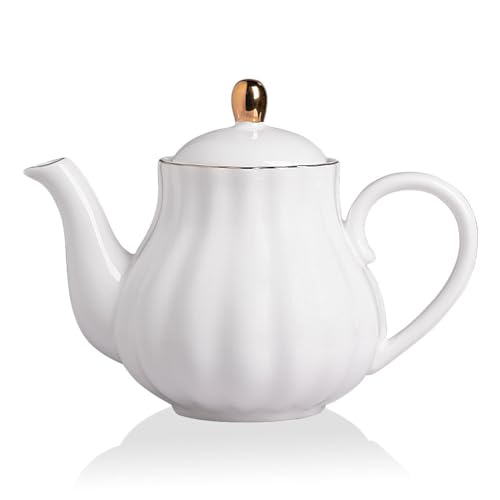 Sweejar Royal Teekanne, Keramik-Teekanne mit herausnehmbarem Edelstahl-Teesieb, blühende und lose Blätter, 1,2 l (weiß) von Sweejar