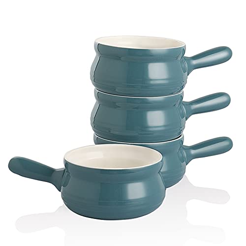 Sweejar Suppenschalen aus Porzellan mit Griff, 625 ml Keramik-Servierschalen für französische Zwiebelsuppe, Kürbissuppe, Haferflocken, Spülmaschinen- und mikrowellengeeignet, 4er-Set (Nebelblau) von Sweejar