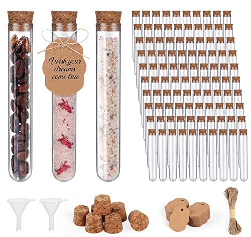 100 Stück Reagenzgläser Kunststoff Transparent Reagenzgläser Reagenzglas mit Korken100 Stück Aufzug + 20 m Hanfseil + 2 Stück Trichter, für DIY Craft Spices Liquids Sweets Candy von Sweelov