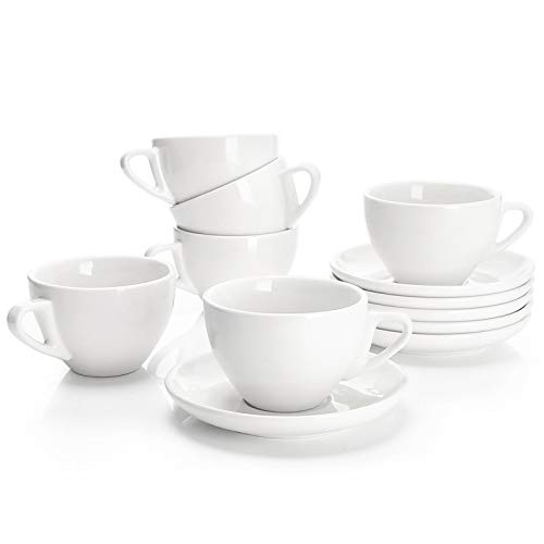 Sweese 402.001 6-teilig Cappuccinotassen Set aus Porzellan, Dickwandige Kaffeetassen mit Untertasse, Weiß Serie, 180 ml von Sweese