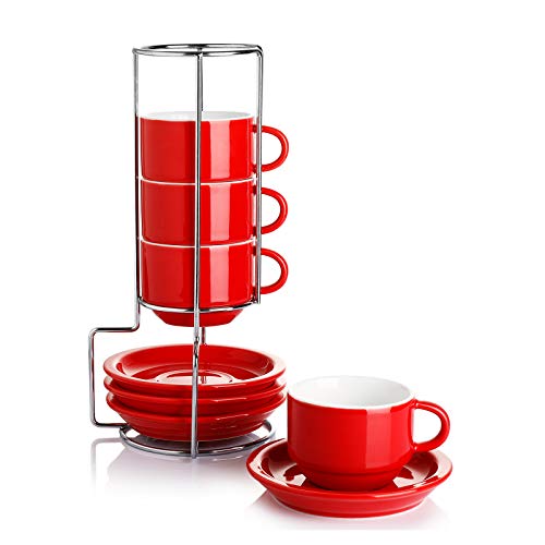 Sweese 404.404 Porzellan Espressotasse und Untertasse 4-Stück Set mit Metallständer, 70 ml Fassungsvermögen, Rot von Sweese