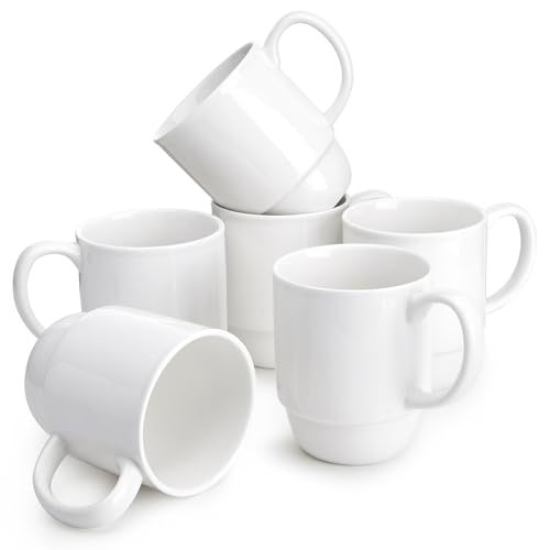 Sweese 595.3 g Großes Tassen-Set, Porzellan, stapelbare Tassen, 6er-Set, Kaffeetassen mit Henkel für Kaffee, Tee und Glühgetränke, Weiß von Sweese