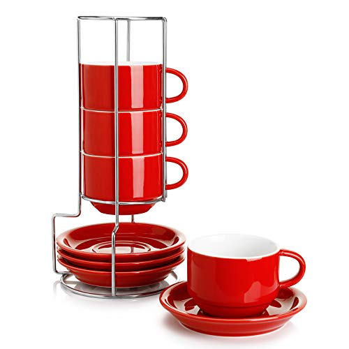 Sweese Cappuccino-Tassen aus Porzellan, stapelbar, mit Untertassen und Metallständer, 237 ml, für Kaffeespezialitäten, Cappuccino, Latte, Americano und Tee, Rot, 4 Stück von Sweese