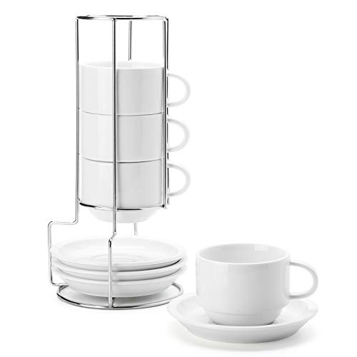 Sweese Cappuccino-Tassen aus Porzellan, stapelbar, mit Untertassen und Metallständer, 237 ml, für Kaffeespezialitäten, Cappuccino, Latte, Americano und Tee, Weiß, 4 Stück von Sweese
