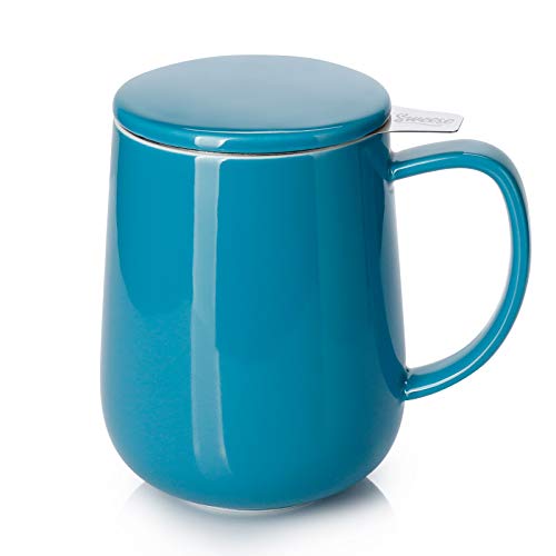 Sweese Porzellan-Teetasse mit Teesieb und Deckel, 590 ml, stahlblau, mikrowellengeeignet, wiederverwendbar von Sweese