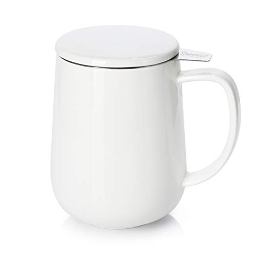 Sweese Porzellan-Teetasse mit Teesieb und Deckel, lose Teeblätter, Geschenke für Teeliebhaber, 590 ml, Weiß von Sweese