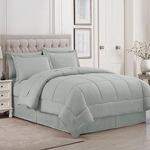 Bettwäsche-Set für King-Size-Betten, 8-teiliges Bett in Einer Tasche mit Bettrock, Spannbetttuch, Bettlaken, 2 Kissenbezügen, 2 Kissenbezügen, Kingsize-Bett, Dobby-Silber von Sweet Home Collection