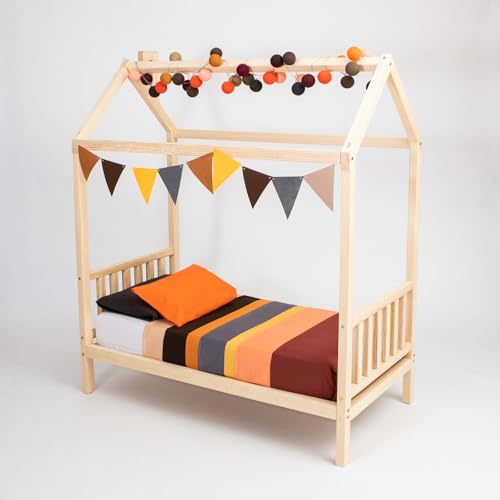 Sweet Home From Wood Montessori-Bett, Hausbett für Kleinkinder, Hüttenbett für Kinder, Himmelbett für Kinder, Montessori-Bodenbett (Birkenholz, 140x70cm) von Sweet Home From Wood