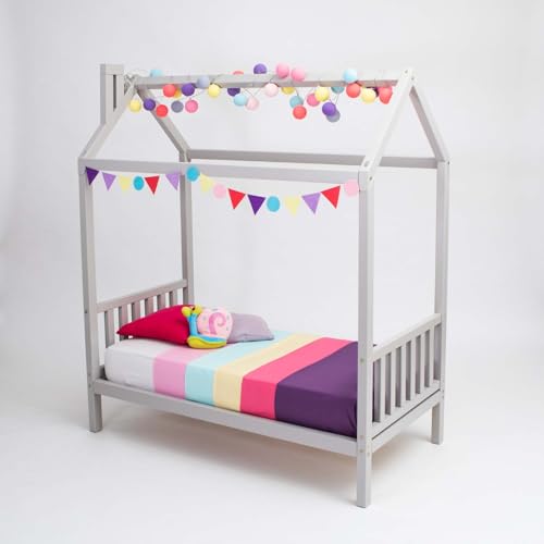 Sweet Home From Wood Montessori-Bett, Hausbett für Kleinkinder, Hüttenbett für Kinder, Himmelbett für Kinder, Montessori-Bodenbett (Grau, 160x70cm) von Sweet Home From Wood