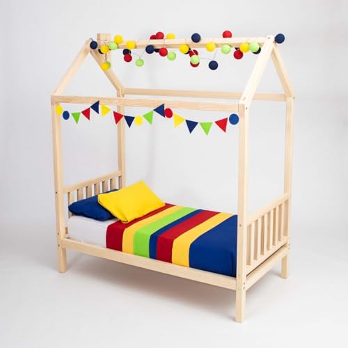 Sweet Home From Wood Montessori-Bett, Hausbett für Kleinkinder, Hüttenbett für Kinder, Himmelbett für Kinder, Montessori-Bodenbett (Kiefernholz, 160x70cm) von Sweet Home From Wood
