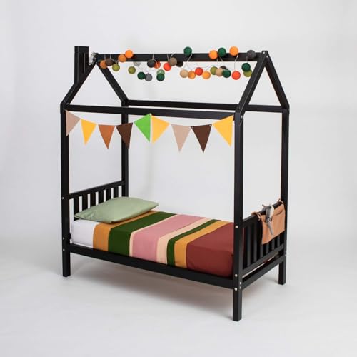 Sweet Home From Wood Montessori-Bett, Hausbett für Kleinkinder, Hüttenbett für Kinder, Himmelbett für Kinder, Montessori-Bodenbett (Schwarz, 200x90cm) von Sweet Home From Wood