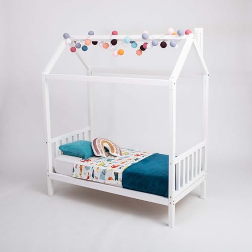 Sweet Home From Wood Montessori-Bett, Hausbett für Kleinkinder, Hüttenbett für Kinder, Himmelbett für Kinder, Montessori-Bodenbett (Weiß, 190x90cm) von Sweet Home From Wood