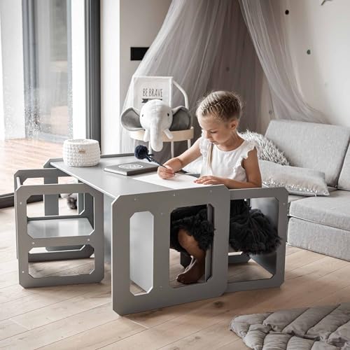 Sweet Home from wood Entwöhnungstisch, Montessori-Tisch, Holztisch, Kinderspieltisch, Weaning Table, 1 Tisch und 2 Stühle (Grau) von Sweet Home From Wood