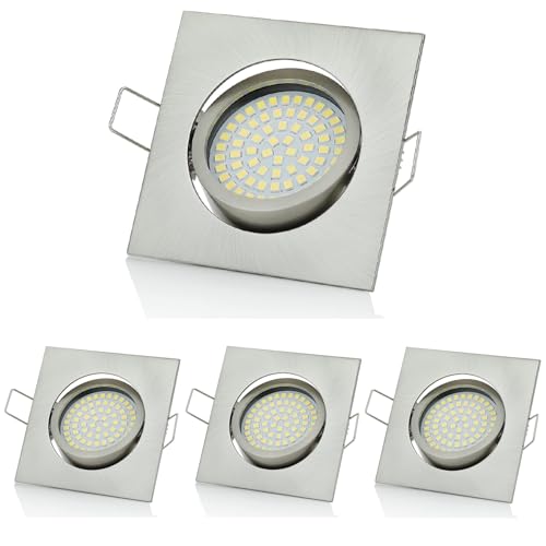 Sweet Led 4er sparpack Flaches Design LED Einbaustrahler Flach | 3.5W | 230V | Edelstahl Optik | Rund - Eckig | Schwenkbar Einbauspots Einbauleuchten Einbau led (Eckig chrom gebürstet - Kaltweiß) von Sweet Led