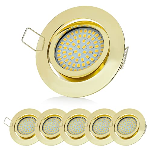 Sweet Led Einbaustrahler 230V Flach 6er Set – Schwenkbar – Gold-Messing – mit 5W LED (330 lm, 3000 K) – Deckenspots für die Decke von Sweet Led