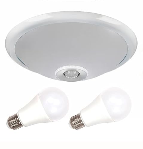 Deckenleuchte Weiß mit Bewegungsmelder | 360° Sensor | mit 2 LED E27 Leuchtmittel, austauschbar | 18 W (Weiß Rahmen - Warmweiß) von Sweet Led