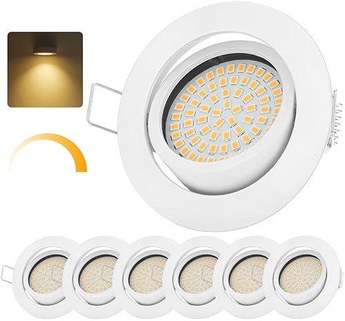 Sweet Led,6er Einbaustrahler flach, stufenlos dimmbar, Deckenspots aus Metall-schwenkbar, Einbautiefe 35mm Lochmaß Ø75mm, 230V 5W 420 Lumen, warmweiß, Einbauspots von Sweet Led