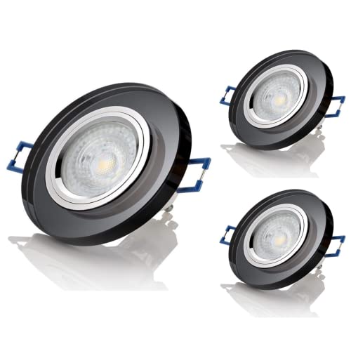 Sweet Led® 3x Einbaustrahler aus Glas klar 7W 230V Leuchten inkl. GU10 Fassung 530 Lumen Deckenspot mit Klickverschluss Set Einbaurahmen – rund, schwarz, 3000K warmweiß von Sweet Led